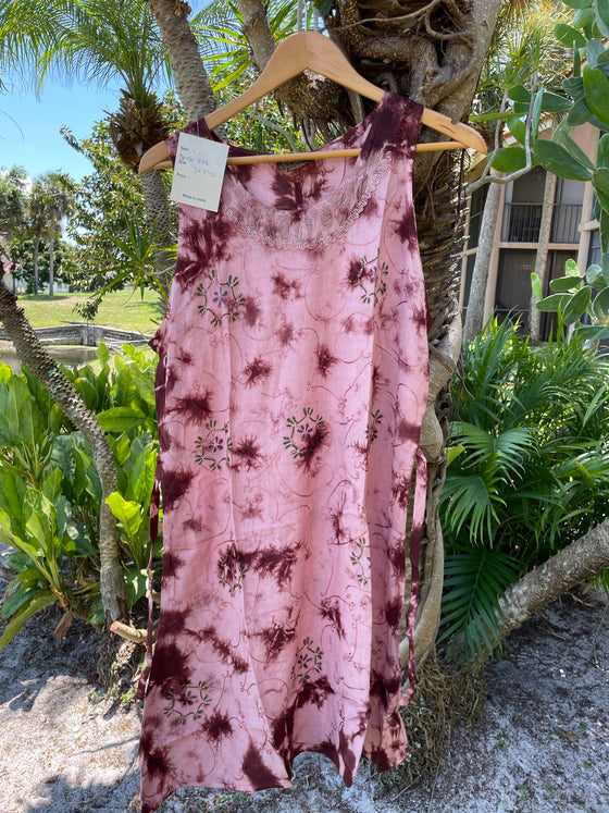 Tie-Dye Tank Dress, Shift Dress Pink Brown Embroidered M