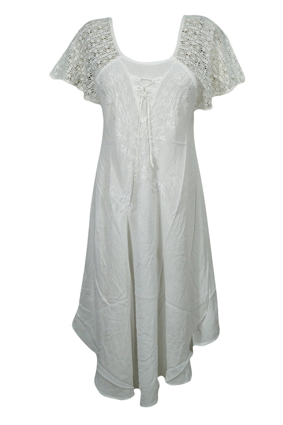 White Floral Summer House Dress, Boho Embroidered Dress, S/M