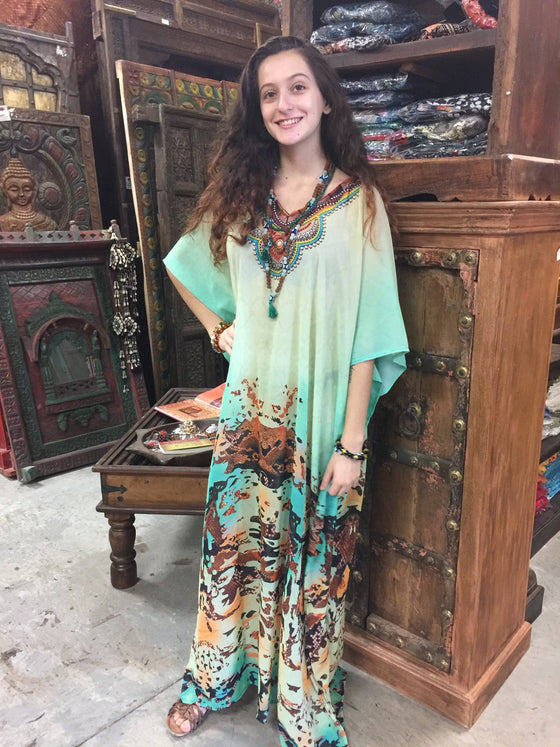 Kaftan Maxi Dress Bohemian Dresses, Orange Green 3XL