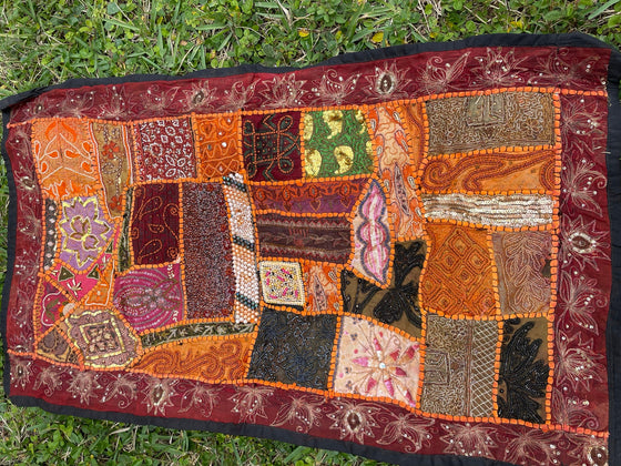 Vintage SARI TAPESTRY, Orange Maroon Hand Embroidered Beaded Patchwork