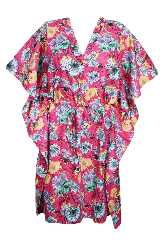 Tunic Caftan Dress, Pink Floral Printed Kaftan Dresses, L-XL