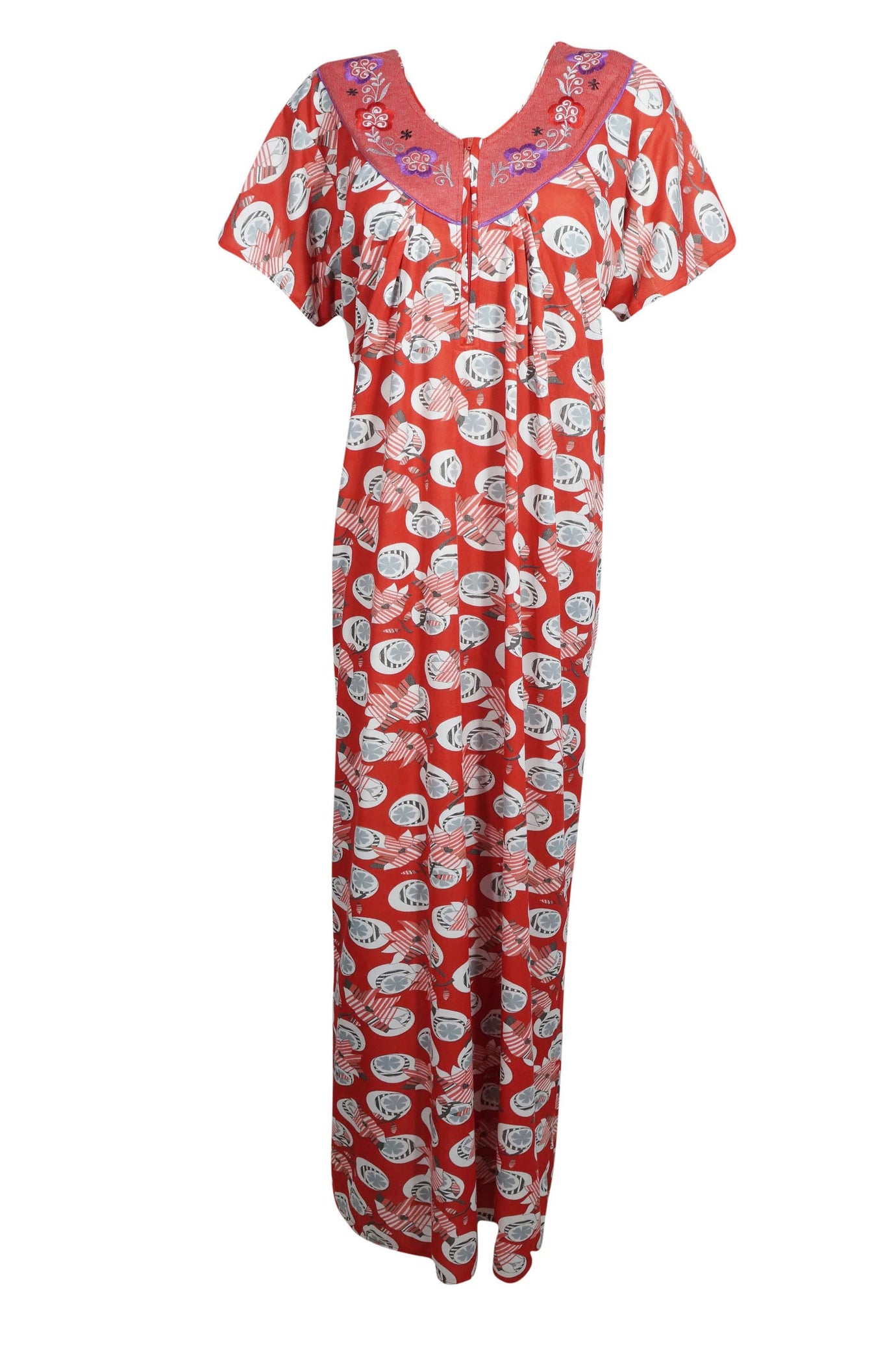 chinese dress ladies Maxi Dress, Nightgown, Red Blue Floral Printed Bohmian M