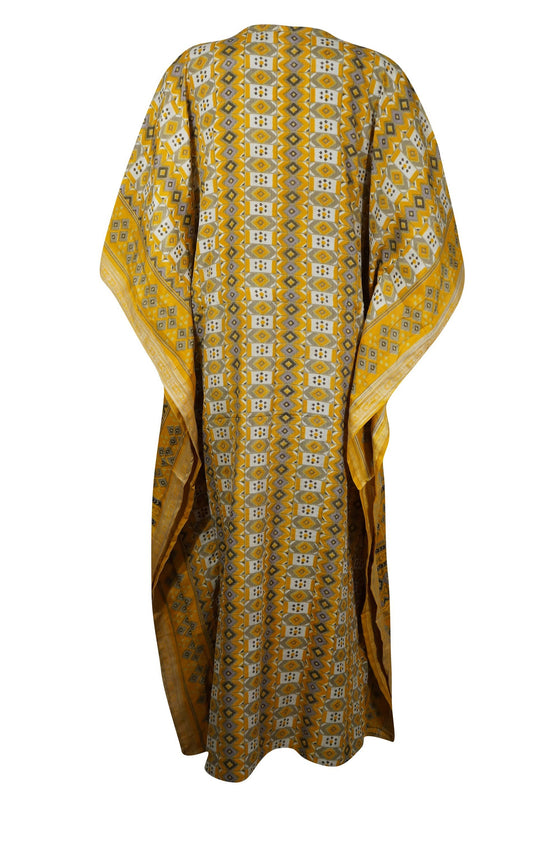 Kaftan Yellow Gray Boho Silk Maxi Caftan Dress, XL
