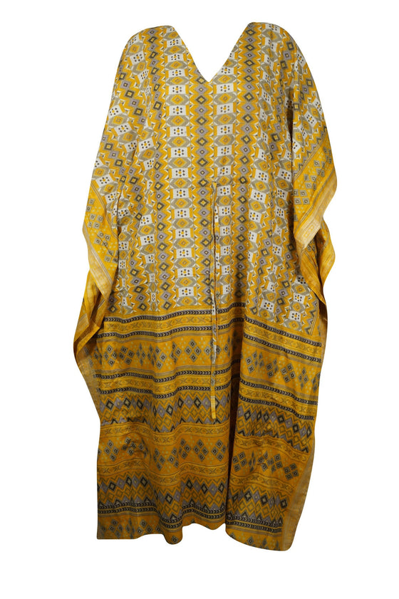 Kaftan Yellow Gray Boho Silk Maxi Caftan Dress, XL