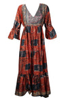 Beach Maxi Dress Orange Black Long Loose Sleeves S/M