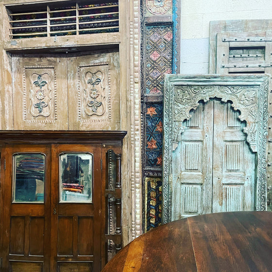 Antique Indo-French Doors with Frame, Rustic Carved Jali Teak Doors 98