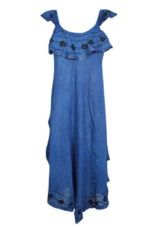  Boho Beach Flared Dresses Soft Embroidered Stonewashed Blue Summer Dress SM