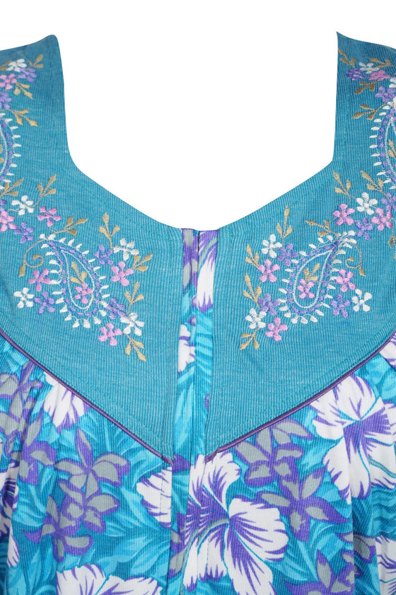 Soft Knit Caftan Dresses, Kaftan Maxi Dresses Blue Floral Nightgown L