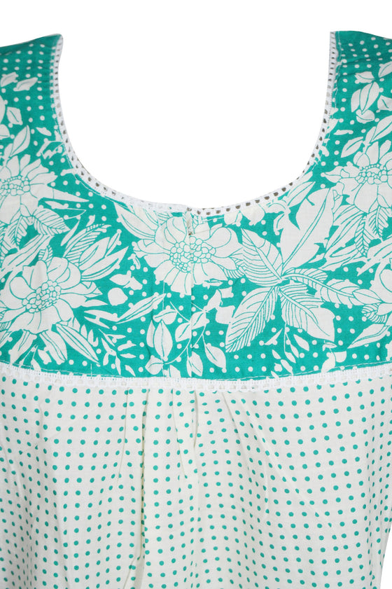 Cotton Kaftan Dress, Nightwear, Housedress, Polka Green White M