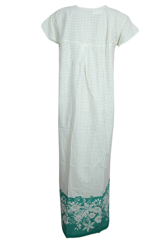 Cotton Kaftan Dress, Nightwear, Housedress, Polka Green White M