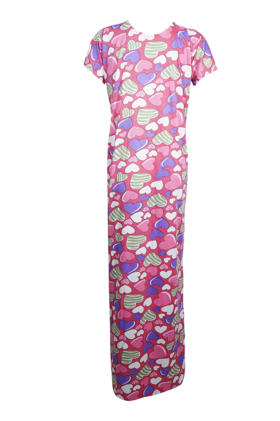 Maxi Caftan Dress, Pink Heart Printed Casual Nightwear M