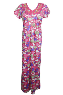  Maxi Caftan Dress, Pink Heart Printed Casual Nightwear M