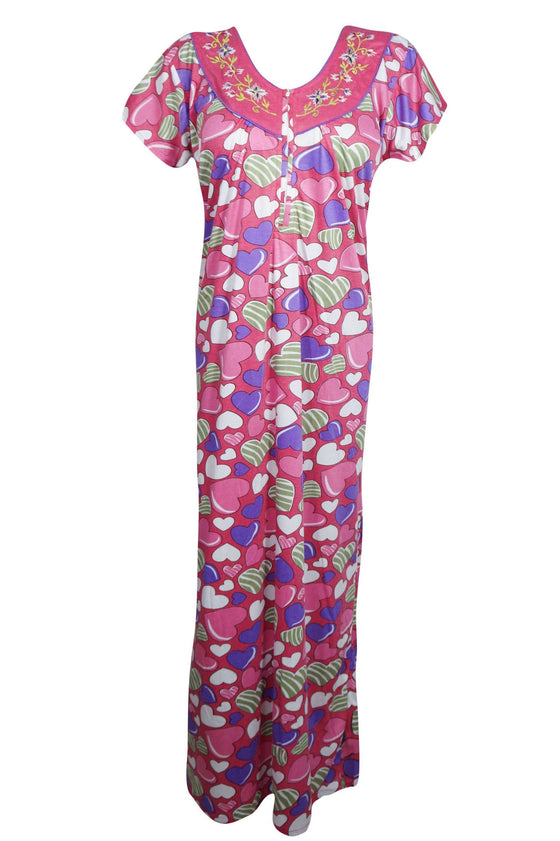 Maxi Caftan Dress, Pink Heart Printed Casual Nightwear M