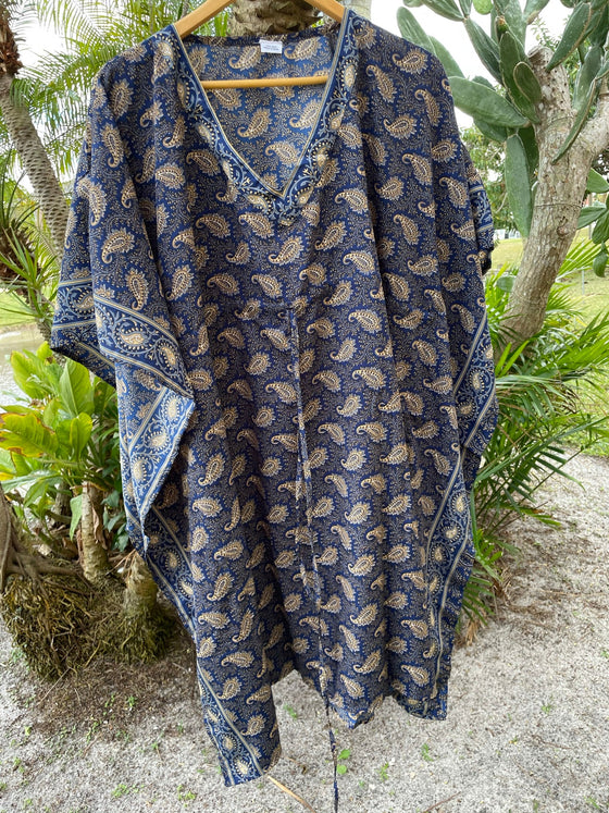 Boho Kaftan, Blue Butter Silk Caftan Maxi Dress, 2XL