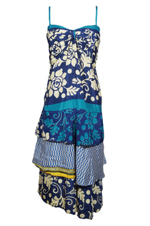  Vintage Recycled Silk Sari Long Spaghetti Blue Dress S/M