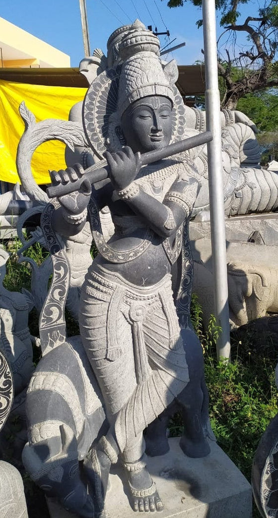 PRE ORDER-Natural Stone Fluting Krishna Standing Garden Statue Handcarved