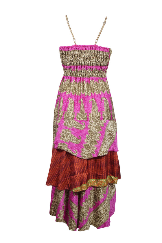 Beach Dresses, Summer Spaghetti Strap Dress Pink Printed Recycled Silk Layered Dress, S/M