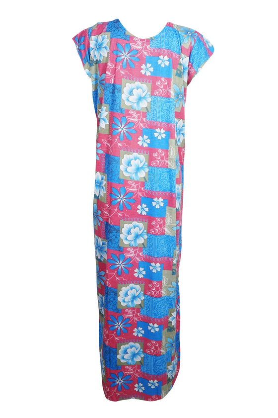 Maxi Dress, Blue Floral Printed Sleepwear Dresses, Loose L