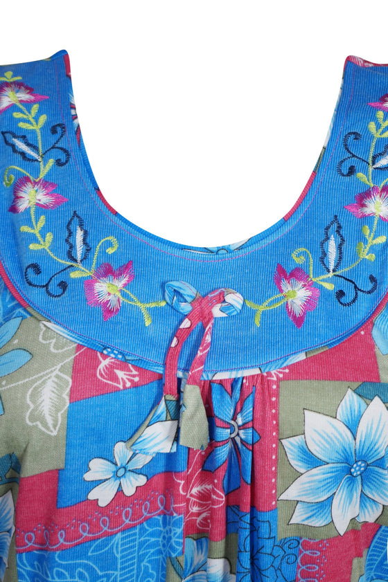 Maxi Dress, Blue Floral Printed Sleepwear Dresses, Loose L
