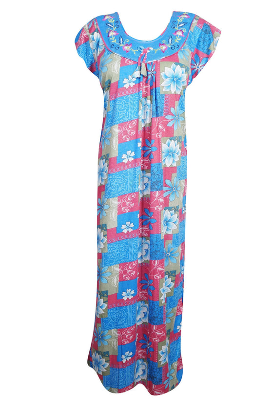 Maxi Dress, Blue Floral Printed Sleepwear Dresses, Loose L