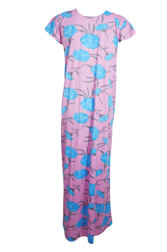 Maxi Dress, Pink Floral Printed Caftan Dresses, Loose M