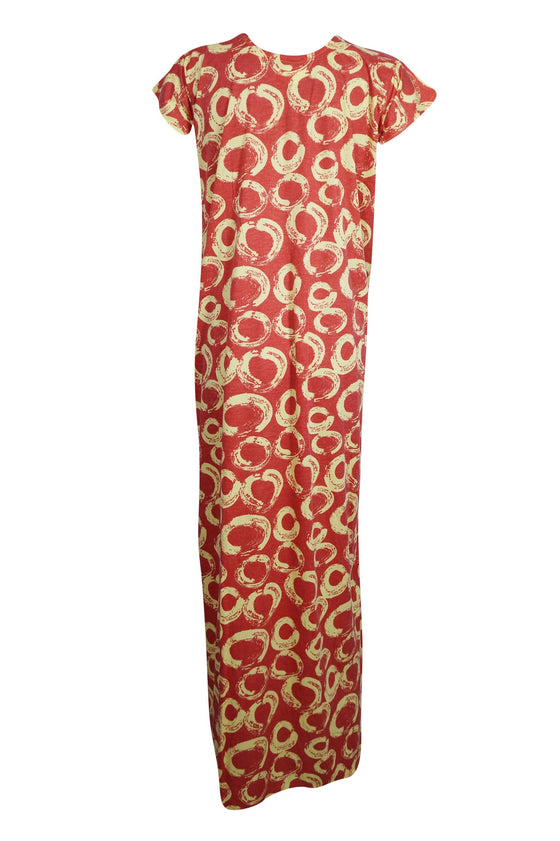 Maxi Dress, Red Yellow Floral Printed Caftan Dresses, M