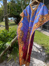 Sheer Beach Maxi Caftan Dress, Blue Jewel Print Georgette Kimono Caftan 3XL