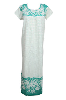  Cotton Kaftan Dress, Nightwear, Housedress, Polka Green White M