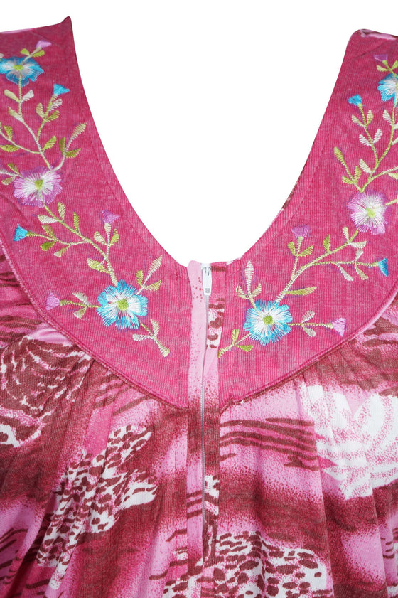 Maxi Caftan Dress, Red Pink Floral Printed Loose M