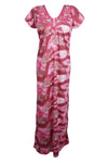 Maxi Caftan Dress, Red Pink Floral Printed Loose M