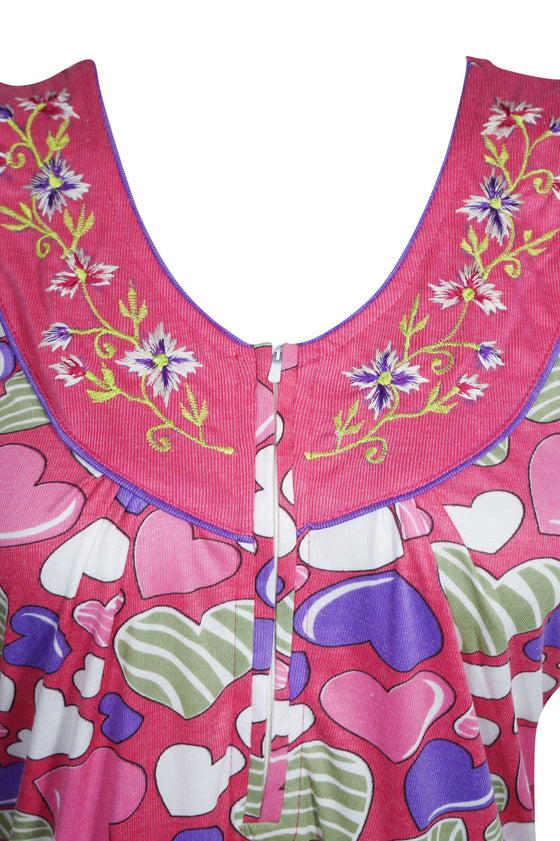 Maxi Caftan Dress, Pink Heart Printed Casual Nightwear M