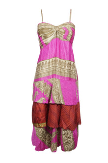  Beach Dresses, Summer Spaghetti Strap Dress Pink Printed Recycled Silk Layered Dress, S/M