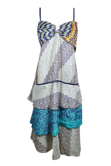  Summer Strap Sundress, Blue Recycled Silk Day Dress, Resort Travel Beach Vibes S/M