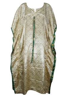  Recycled Silk Caftan, Beige Green Kaftan Maxi Beach Dresses, XL