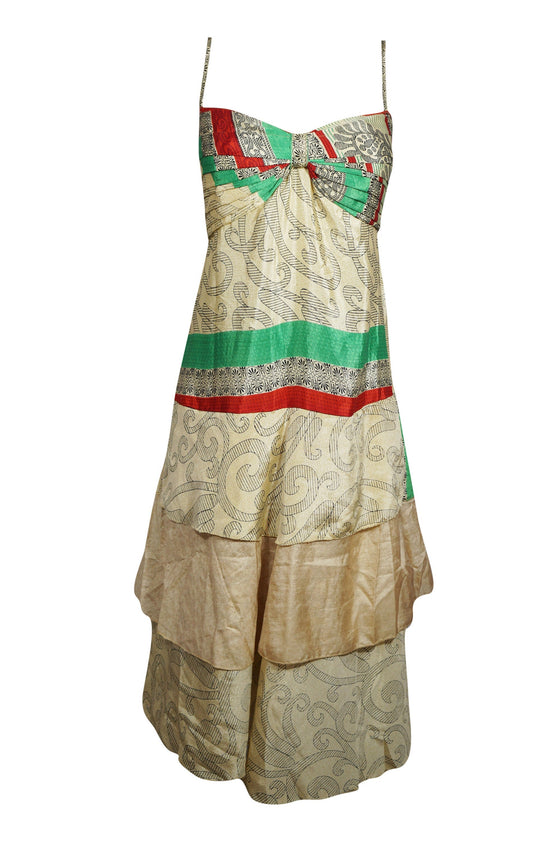 Spaghetti Strap Beach Dress, Beige Green Floral Dress, SM