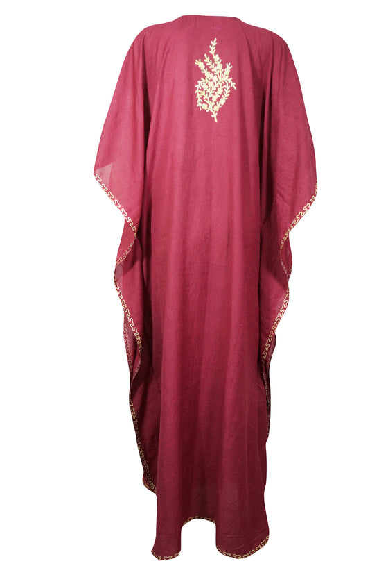 Dark Red Maxi Caftan Dress, Embroidered Summer Loose Kaftan Dresses, L-3XL