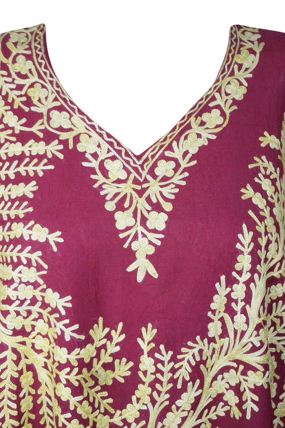 Dark Red Maxi Caftan Dress, Embroidered Summer Loose Kaftan Dresses, L-3XL