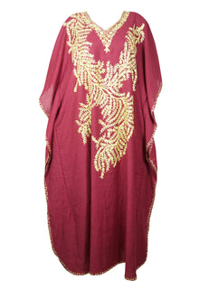  Dark Red Maxi Caftan Dress, Embroidered Summer Loose Kaftan Dresses, L-3XL