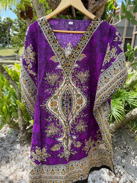 Purple Oversized Tunic Kaftan Dresses, Boho Hippie Dashiki Caftan Dress, 2XL