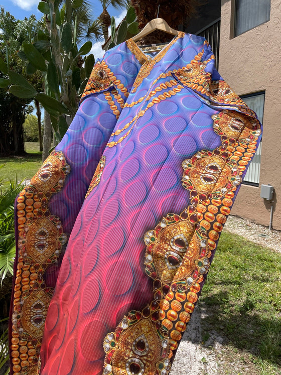 Sheer Beach Maxi Caftan Dress, Blue Jewel Print Georgette Kimono Caftan 3XL
