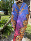 Sheer Beach Maxi Caftan Dress, Blue Jewel Print Georgette Kimono Caftan 3XL