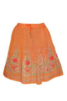  Short Skirt, Orange Cotton Embroidered Handmade Summer Skirt, SM