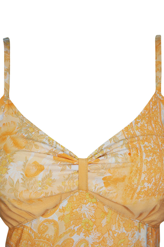 Midi Dress, Peach Beige Floral Printed Spaghetti Strap S/M