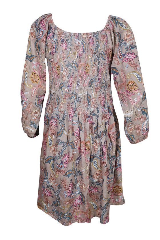 Floral Dresses, Dusty Pink Blue Printed Dress, Shirred L