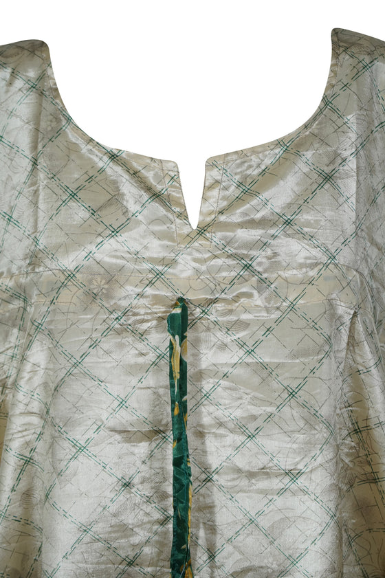 Recycled Silk Caftan, Beige Green Kaftan Maxi Beach Dresses, XL