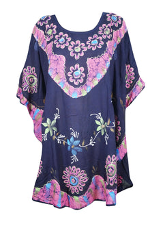 Oversized Beach Blouse, Coverup, Blue, Pink Embroidered Boho