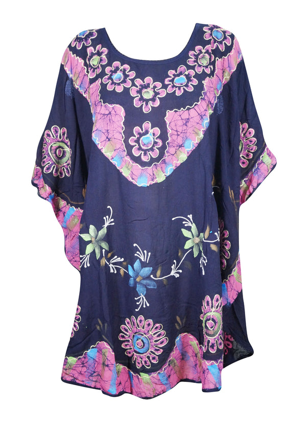 Oversized Beach Blouse, Coverup, Blue, Pink Embroidered Boho