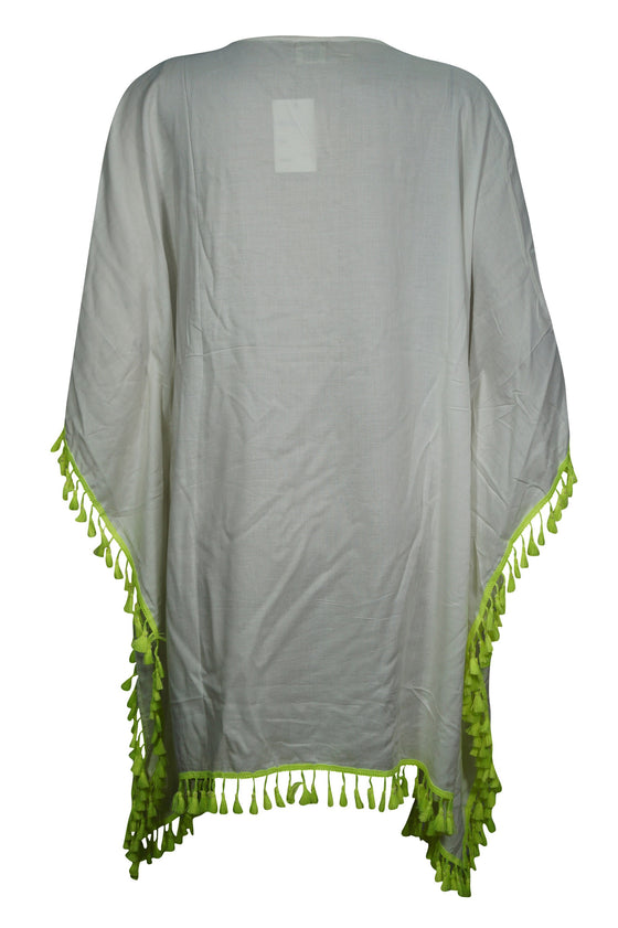 Kaftan Short Dress, White Green Tassel Caftan, Maternity L-3XL