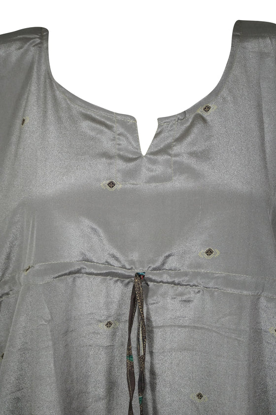 Womand Retro Kimono Kaftan Maxi Dress, Gray Silk Caftan Dresses, M-2XL