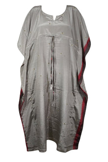  Womand Retro Kimono Kaftan Maxi Dress, Gray Silk Caftan Dresses, M-2XL
